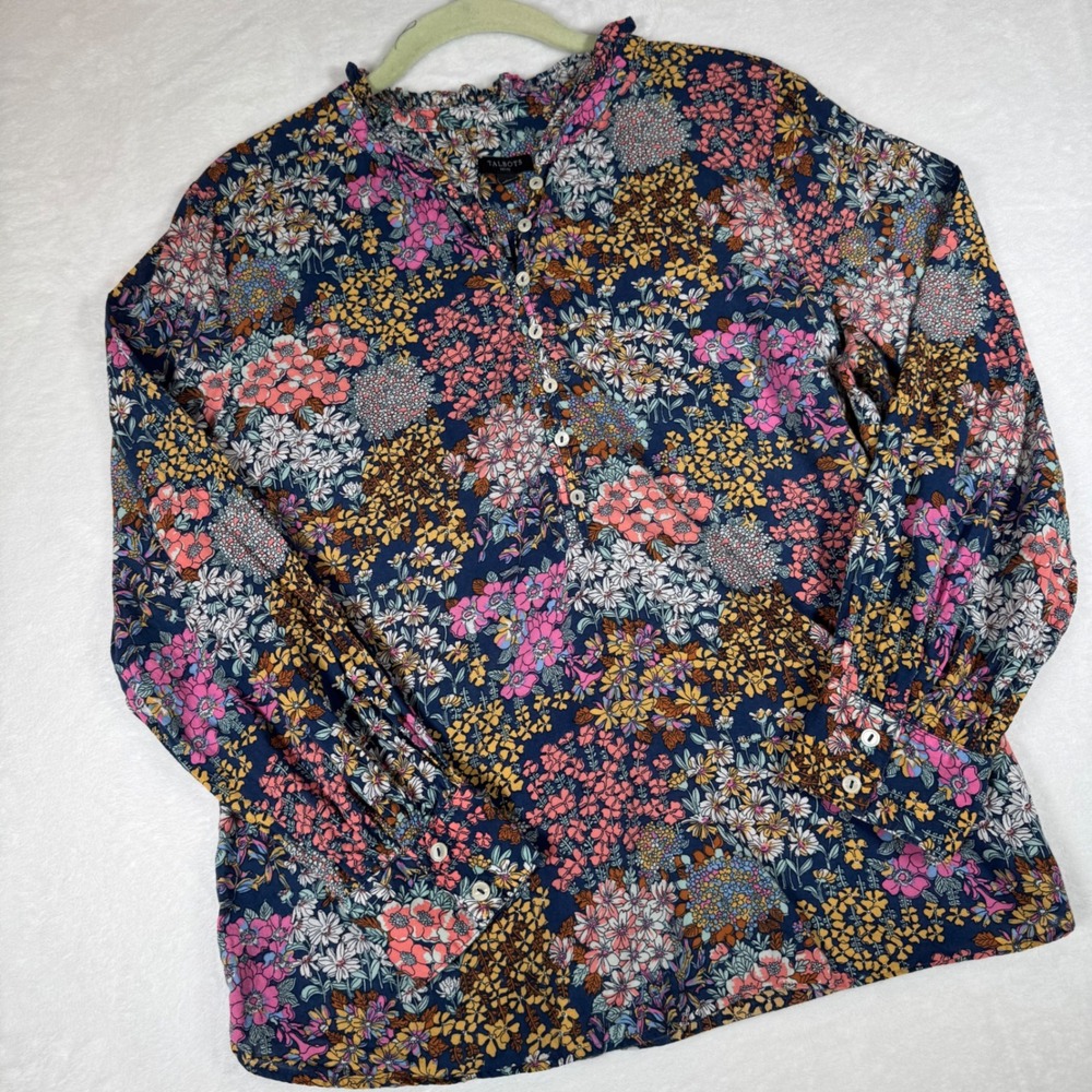 Talbots Petite Cotton Floral Henley Blouse Ruffle Neck Multi-Color LP ID4976